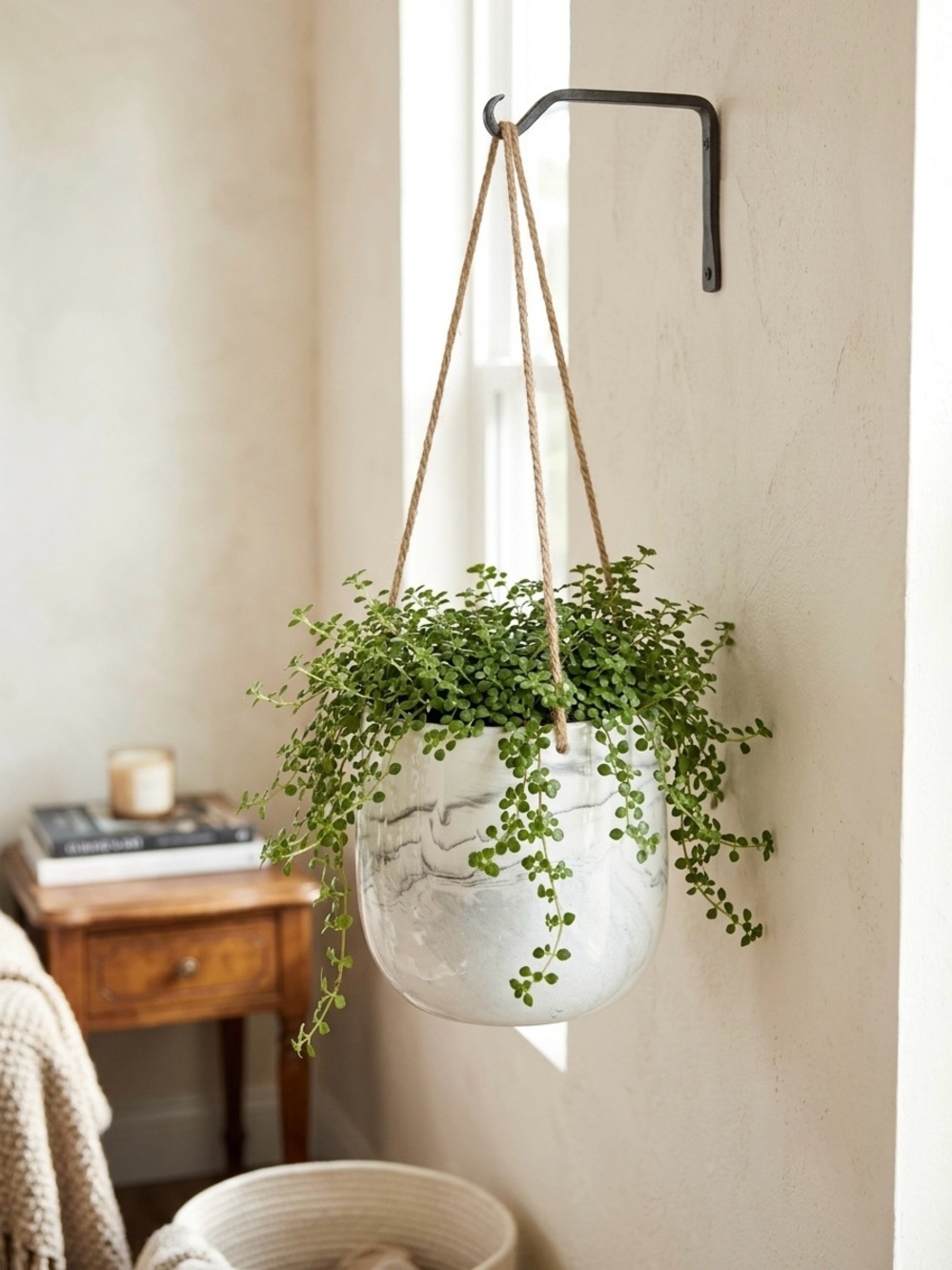 Marble Pattern Hanging Planter, White Ceramic Hanging Pot for Indoor Plants